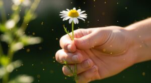 Hand holding a single daisy with pollen particles floating around it.