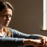 A contemplative woman in her late 30s or early 40s sits alone in a sunlit room, with a troubled expression, representing the theme of navigating early menopause.