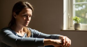 A contemplative woman in her late 30s or early 40s sits alone in a sunlit room, with a troubled expression, representing the theme of navigating early menopause.