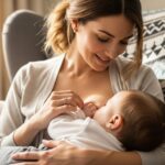 A close-up, realistic photo of a mother with light brown hair breastfeeding her baby in a softly lit living room. The mother is smiling gently as she looks down at the baby, who is feeding peacefully.