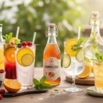 A bright and airy 8k resolution, 16:9 format photograph showcases a variety of non-alcoholic beverages arranged on a rustic wooden table. Several glasses and bottles of colorful drinks, garnished with fresh fruits like orange slices, berries, cucumbers, and mint leaves, along with striped straws, suggest a refreshing and natural theme. One notable bottle is labeled 'KOMBUCHA'. Bowls of mixed berries and halved oranges further emphasize the natural ingredients. The background is softly blurred, hinting at an outdoor or bright setting with green foliage, maintaining a clean, photorealistic aesthetic without any text, watermarks, or visible compression artifacts.