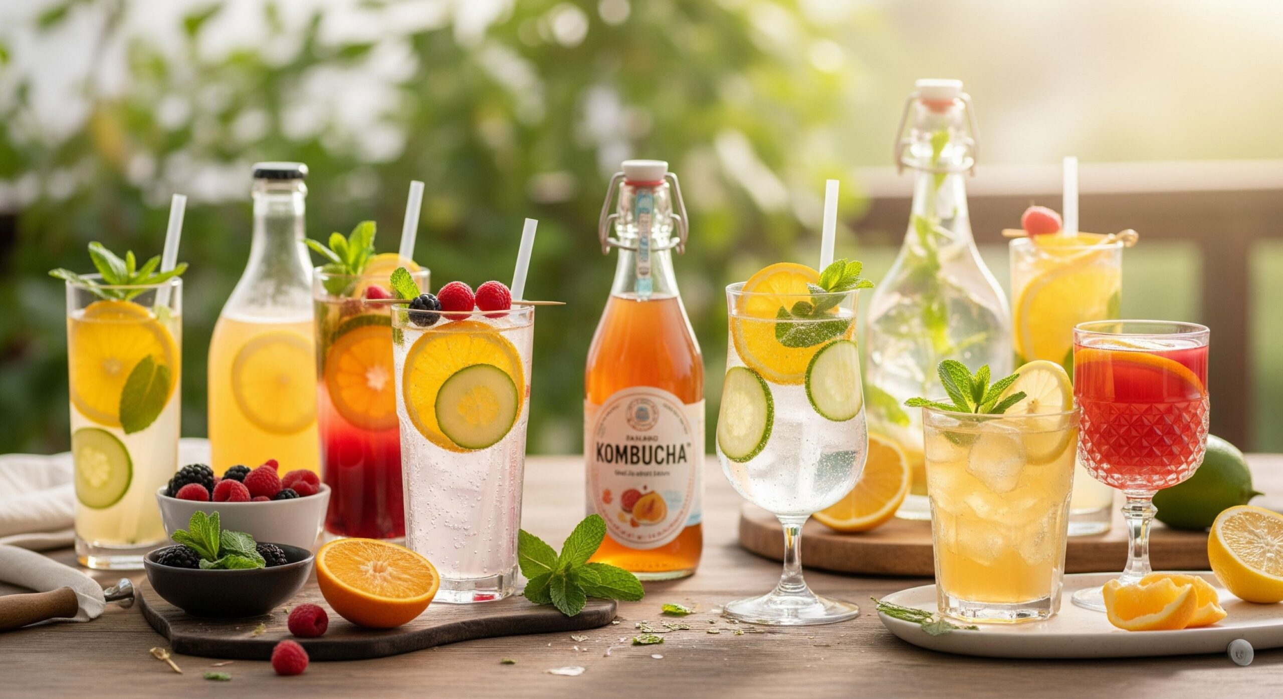 A bright and airy 8k resolution, 16:9 format photograph showcases a variety of non-alcoholic beverages arranged on a rustic wooden table. Several glasses and bottles of colorful drinks, garnished with fresh fruits like orange slices, berries, cucumbers, and mint leaves, along with striped straws, suggest a refreshing and natural theme. One notable bottle is labeled 'KOMBUCHA'. Bowls of mixed berries and halved oranges further emphasize the natural ingredients. The background is softly blurred, hinting at an outdoor or bright setting with green foliage, maintaining a clean, photorealistic aesthetic without any text, watermarks, or visible compression artifacts.