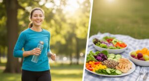 A realistic split photo showing a smiling woman jogging in a sunny park on one side, and a plate with a healthy meal of salad, grilled chicken, and fruit on the other.