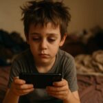 A close-up shot of a young boy with messy hair, sitting on a bed and looking intently at his phone as he holds it with both hands.