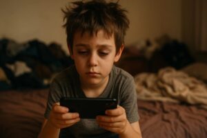 A close-up shot of a young boy with messy hair, sitting on a bed and looking intently at his phone as he holds it with both hands.