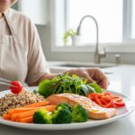 A person thoughtfully arranges a balanced meal on a plate in a kitchen, symbolizing perfect portions and healthy nutrition.