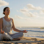 A serene woman in a yoga pose meditating on a beach at sunset, with the ocean in the background, representing a healthy habit for stress-free living.