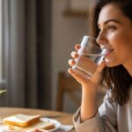 A beautiful woman cheerfully drinking a glass of mineral water in the morning, illustrating strategies to adopt a healthy lifestyle.