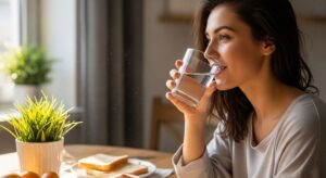 A beautiful woman cheerfully drinking a glass of mineral water in the morning, illustrating strategies to adopt a healthy lifestyle.