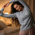 A beautiful woman in pajamas is stretching in a dimly lit bedroom, embodying a peaceful nightly stretch routine.