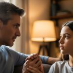 A father and his teenage daughter are having a heartfelt conversation while sitting close to each other.