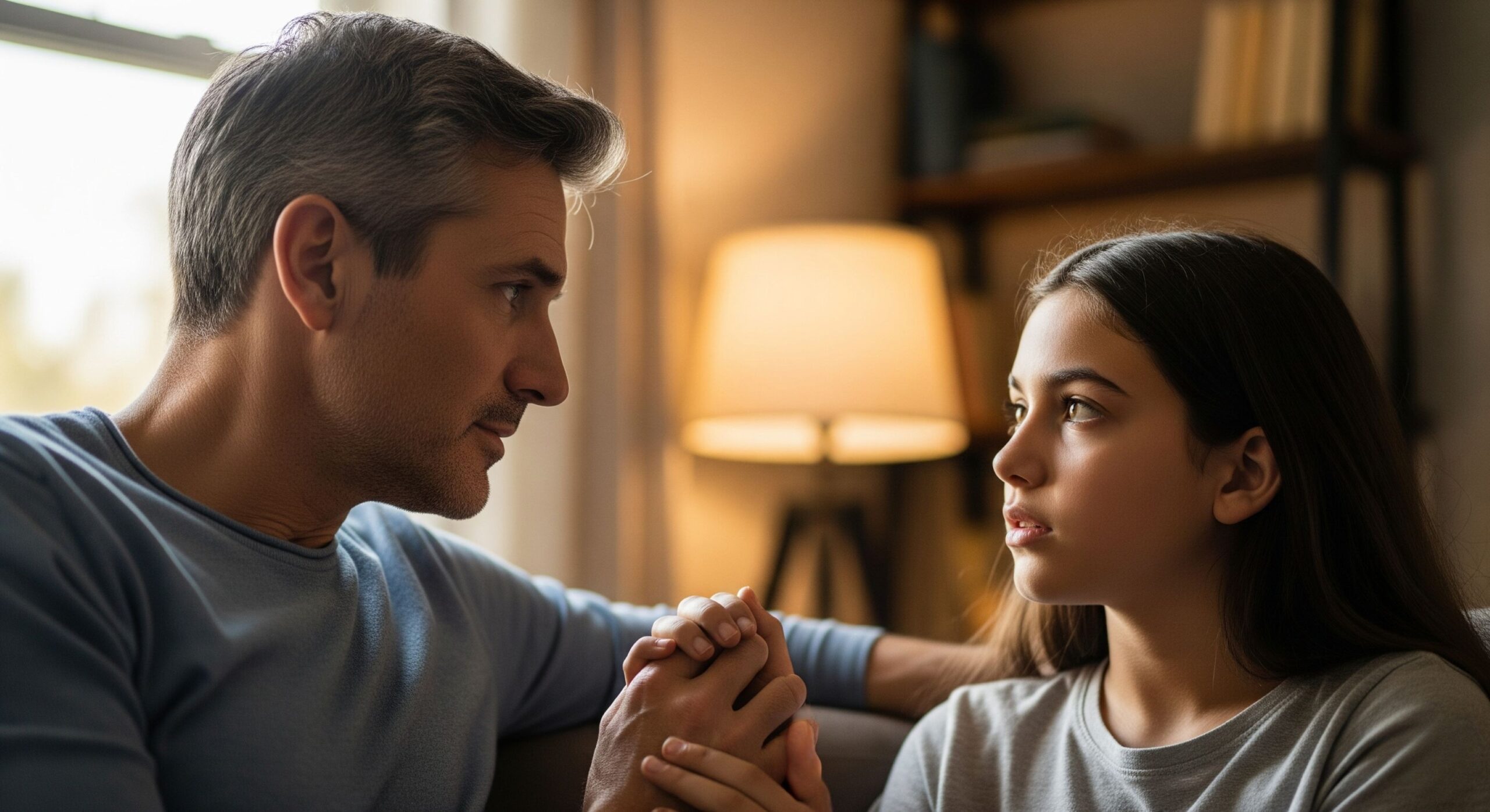 A father and his teenage daughter are having a heartfelt conversation while sitting close to each other.