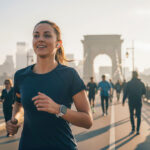 A woman with a ponytail runs on a bridge at dawn, wearing wireless earphones and a smartwatch. Other people are walking and jogging in the background, and city buildings are visible in the distance under a hazy sky.