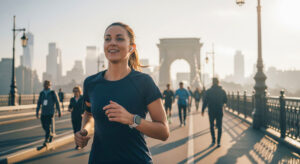 A woman with a ponytail runs on a bridge at dawn, wearing wireless earphones and a smartwatch. Other people are walking and jogging in the background, and city buildings are visible in the distance under a hazy sky.