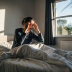 A person sits up in bed, looking disoriented and holding their head, with the background of the room appearing to spin, illustrating the experience of morning dizziness.