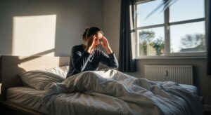 A person sits up in bed, looking disoriented and holding their head, with the background of the room appearing to spin, illustrating the experience of morning dizziness.
