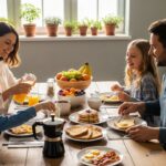 A happy family enjoying a healthy breakfast together, embodying the joy of living a healthy lifestyle.