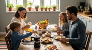 A happy family enjoying a healthy breakfast together, embodying the joy of living a healthy lifestyle.