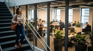 A woman takes the stairs in a modern office, incorporating healthy lifestyle changes for weight loss amidst a busy work environment.