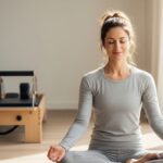 A photograph of a woman with a serene expression, meditating in a cross-legged yoga pose. In the sunlit background, a Pilates reformer machine is visible.