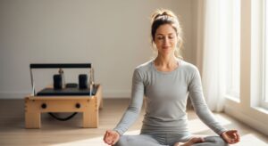 A photograph of a woman with a serene expression, meditating in a cross-legged yoga pose. In the sunlit background, a Pilates reformer machine is visible.