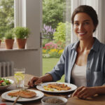 A smiling woman sitting at a sunlit kitchen table with a healthy meal, including salad and salmon.