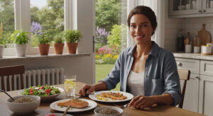 A smiling woman sitting at a sunlit kitchen table with a healthy meal, including salad and salmon.