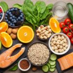 A vibrant, high-resolution flat lay photograph of various fresh, healthy foods, including berries, leafy greens, salmon fillets, avocado, nuts, and quinoa, arranged neatly on a wooden surface.