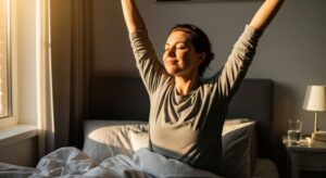 A person is sitting up in bed in a sunlit room, looking refreshed and stretching their arms above their head, symbolizing the mental clarity and peak performance that comes from better sleep.