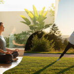 A visual representation of mental and physical wellness, showing a person meditating indoors and another person stretching outdoors at sunset.