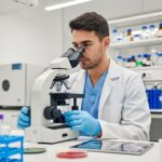 A focused medical laboratory professional in a white coat and blue gloves examines a sample under a microscope in a well-equipped laboratory setting.