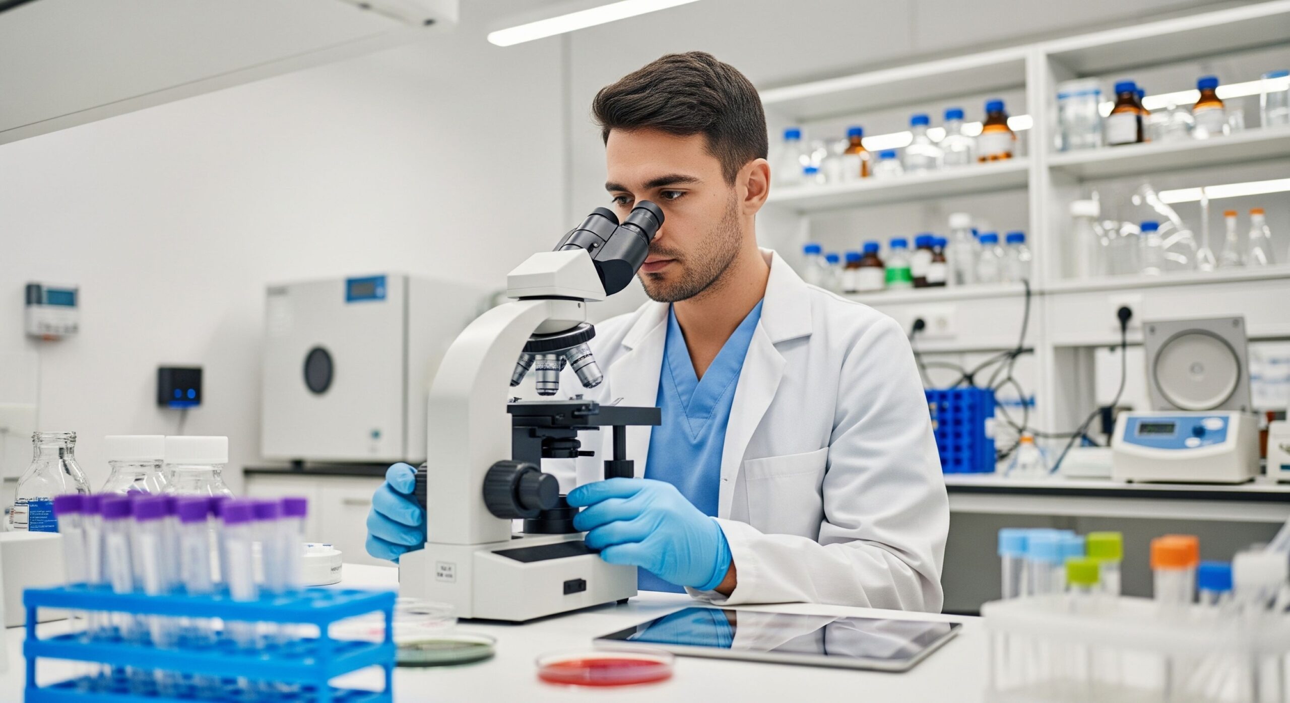 A focused medical laboratory professional in a white coat and blue gloves examines a sample under a microscope in a well-equipped laboratory setting.