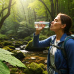 A woman with a backpack drinks water from a clear bottle while hiking in a lush, green forest. Sunlight filters through the trees.