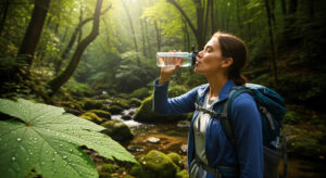 A woman with a backpack drinks water from a clear bottle while hiking in a lush, green forest. Sunlight filters through the trees.