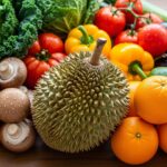 An overhead shot of a rustic wooden table filled with a colorful and abundant assortment of fresh fruits and vegetables. A large, spiky durian is a central feature, surrounded by smooth, bright oranges, a head of kale, mushrooms, tomatoes, peppers, and grapes.