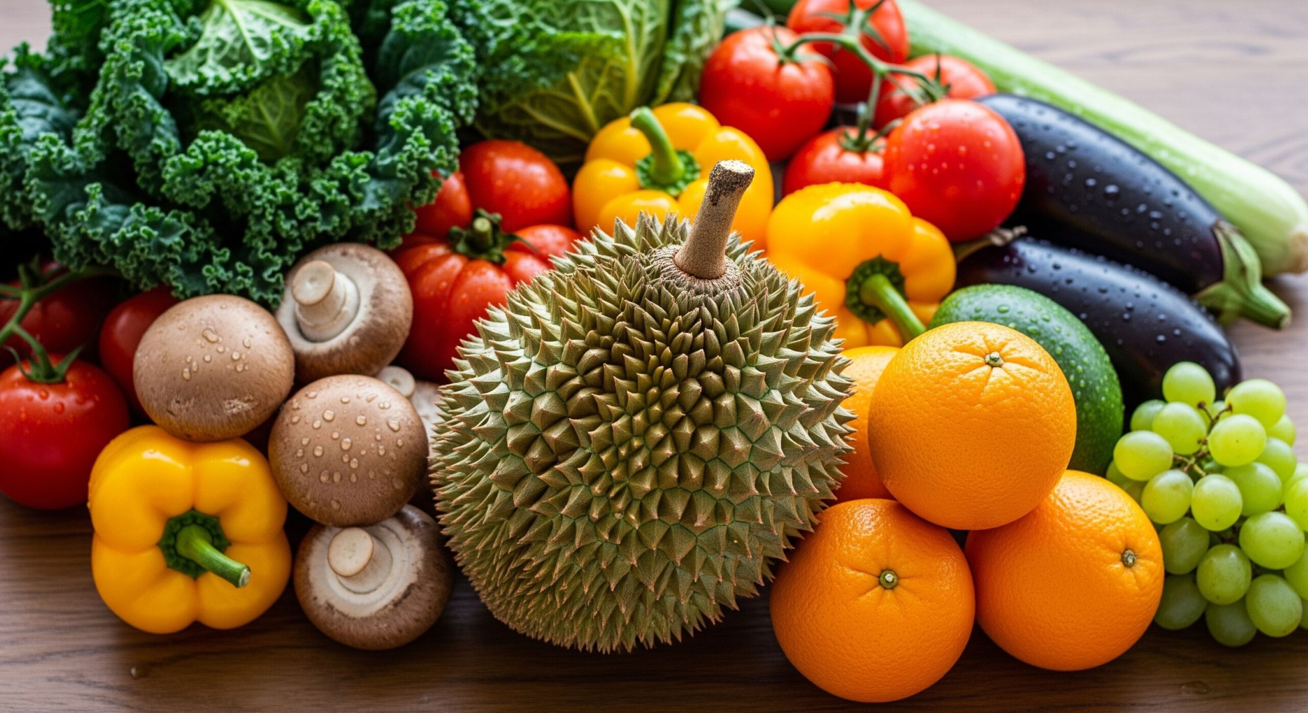 An overhead shot of a rustic wooden table filled with a colorful and abundant assortment of fresh fruits and vegetables. A large, spiky durian is a central feature, surrounded by smooth, bright oranges, a head of kale, mushrooms, tomatoes, peppers, and grapes.