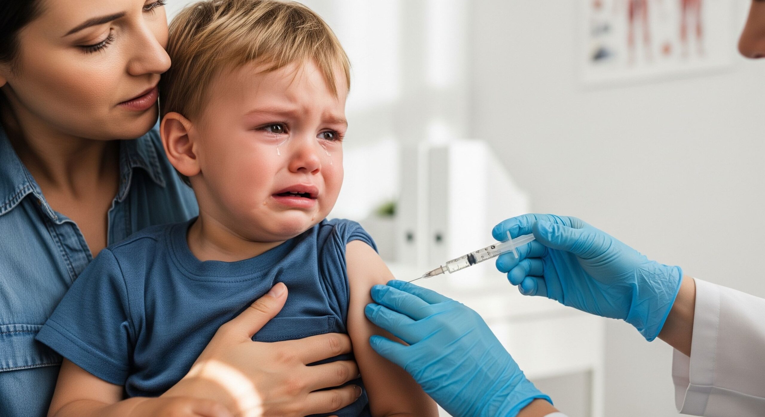 A realistic, close-up photo of a mother gently holding her crying toddler in a doctor's office. A gloved hand, belonging to a doctor, is administering a vaccine with a syringe, with the needle positioned nearly parallel to the child's upper arm. The child has tears on their cheeks and a look of distress, while the mother looks on with a concerned but comforting expression. The background is a clean, bright medical room.