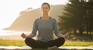 A woman sits cross-legged on a yoga mat in a grassy area near the beach, with her eyes closed and a serene expression on her face. The background features a green hill and the ocean, with soft sunlight from the sunrise illuminating the scene. Her relaxed posture and open hands on her knees suggest a practice of meditation or mindfulness.