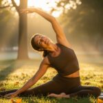 A woman doing a graceful yoga stretch in a sun-drenched park at sunrise, representing the benefits of exercise and deep breathing as key components of effective detox plans for a healthy lifestyle.