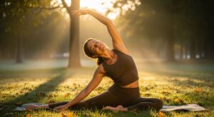 A woman doing a graceful yoga stretch in a sun-drenched park at sunrise, representing the benefits of exercise and deep breathing as key components of effective detox plans for a healthy lifestyle.