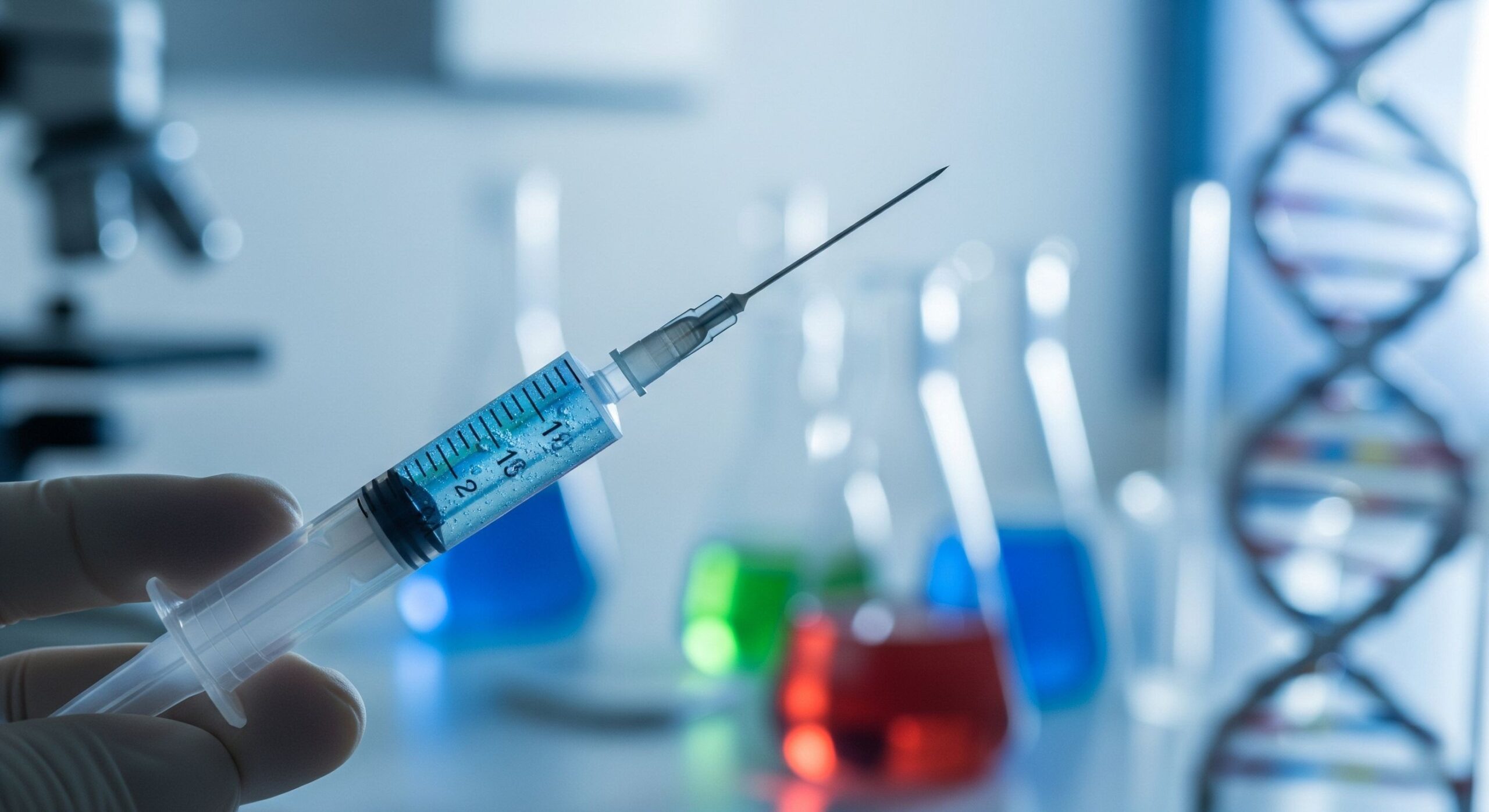 A gloved hand holds a syringe filled with blue liquid in a laboratory setting with scientific equipment and a DNA helix model in the background.
