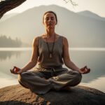 A serene person meditates in a full lotus pose on a rock by a calm lake at dawn.