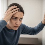 A person holding their head with one hand and leaning against a wall, with a look of discomfort, to illustrate the feeling of lightheadedness or dizziness.