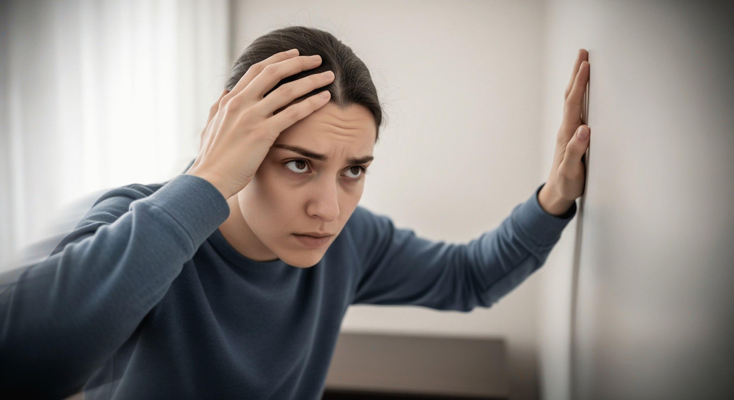 A person holding their head with one hand and leaning against a wall, with a look of discomfort, to illustrate the feeling of lightheadedness or dizziness.