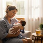 A serene mother in a pastel robe, sitting in a sunlit room, gently holding her newborn.