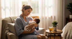 A serene mother in a pastel robe, sitting in a sunlit room, gently holding her newborn.
