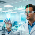 A hyper-realistic photo of a male doctor in a lab coat and safety glasses, interacting with a glowing holographic display showing secure health data. The display has a shield icon on it.