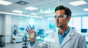 A hyper-realistic photo of a male doctor in a lab coat and safety glasses, interacting with a glowing holographic display showing secure health data. The display has a shield icon on it.