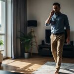 A man in his apartment walks while talking on his phone, illustrating a micro-exercise for busy professionals.