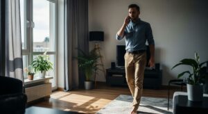 A man in his apartment walks while talking on his phone, illustrating a micro-exercise for busy professionals.